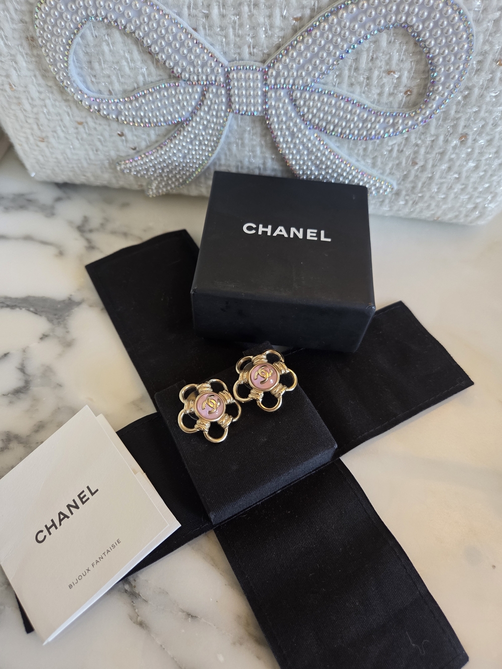 CHANEL Pink Camellia Logo Gold-Tone Stud Earrings Opalesque Swirl Statement Stud